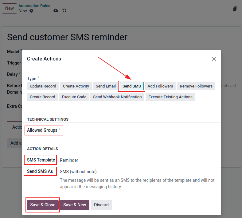 Automation rule template with rule to do, SMS template and log as note highlighted.