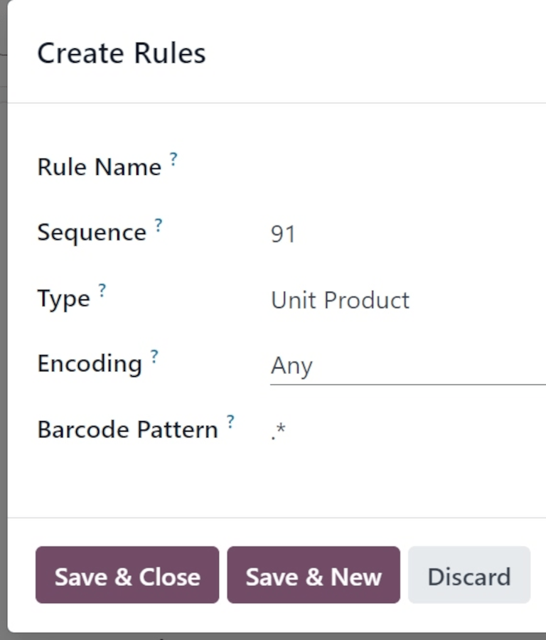 Create Rules pop-up window on Default Nomenclature page.