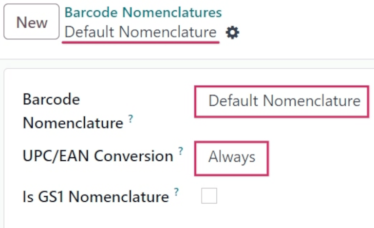 Default Nomenclature page setting fields.