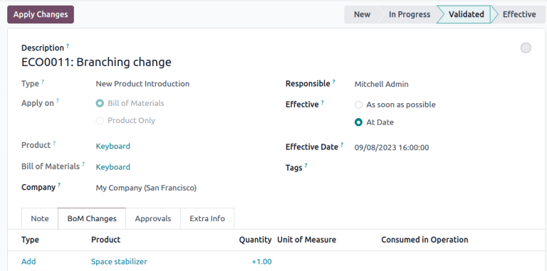 Apply changes to an ECO to update the production BOM.