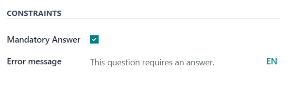 The Constraints section in the options tab in Odoo Surveys.