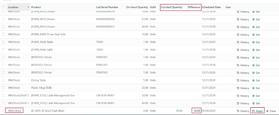 Filled out inventory adjustment line for product in new warehouse.
