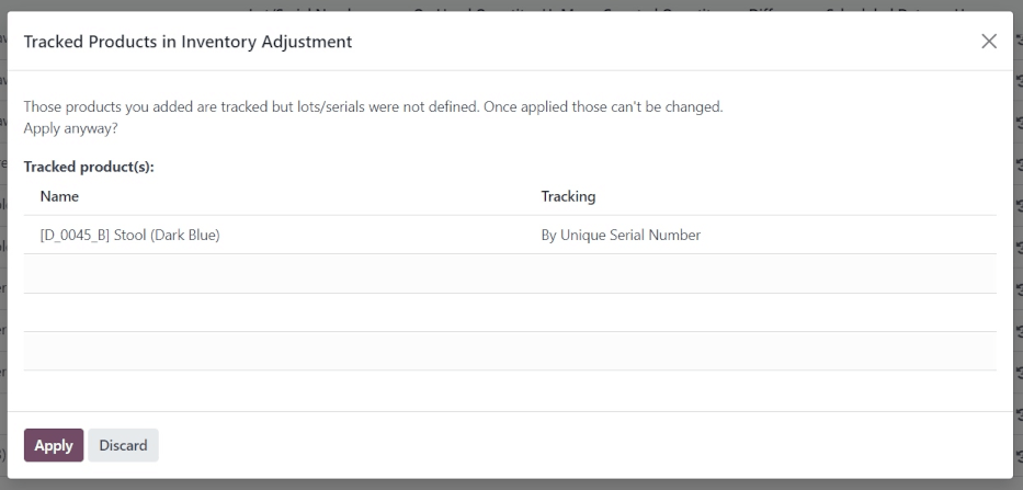 Tracked Products in Inventory Adjustment pop-up window.