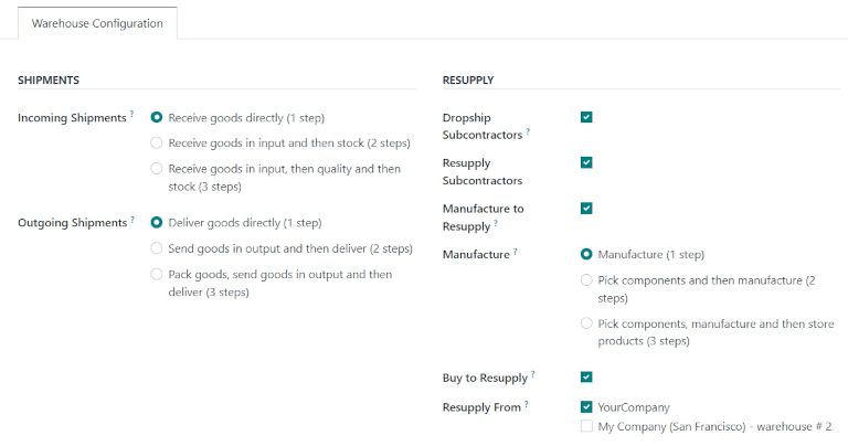 Filled out Warehouse Configuration tab settings on warehouse creation form.
