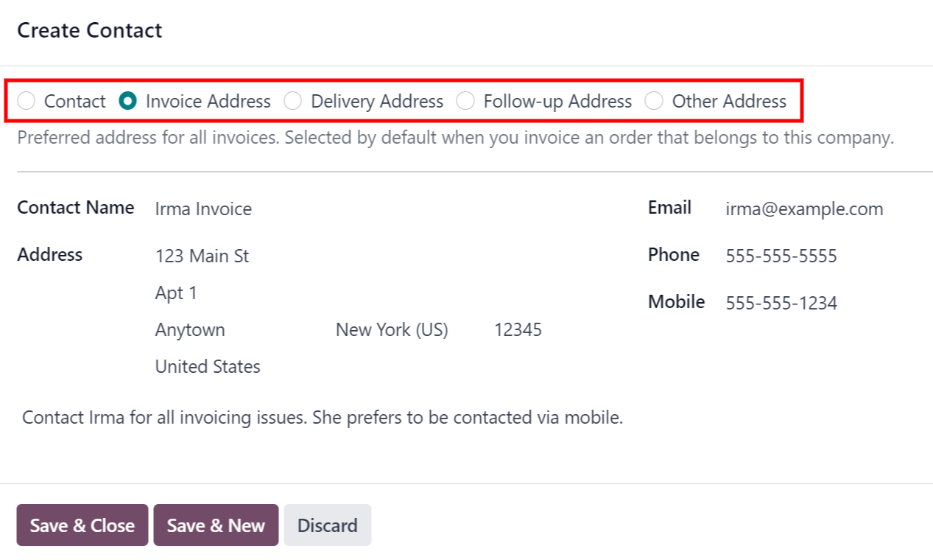 The create contact form with all parts filled in.