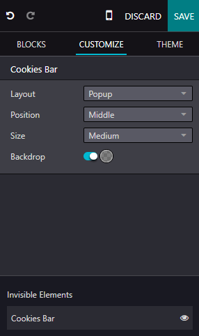 Odoo Website's edit panel to customize the cookies bar.