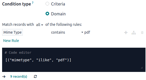 Example of a workflow action's domain condition in Odoo Documents