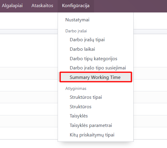 Entering working hours in the Payroll module