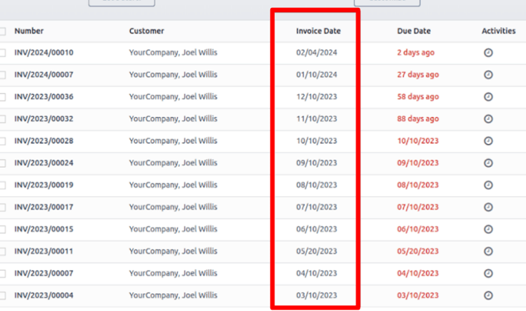 The Invoice Date column on subscriptions invoice page in Odoo Subscriptions app.