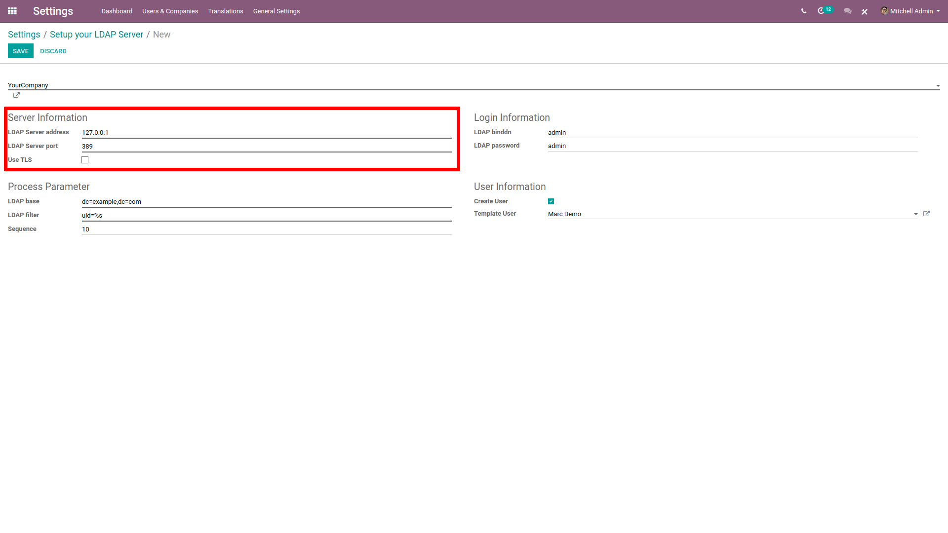 LDAP server settings highlighted in LDAP server setup on Odoo.