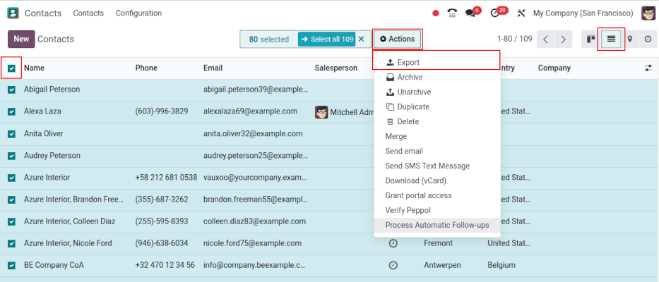 View of the different things to enable/click to export data.