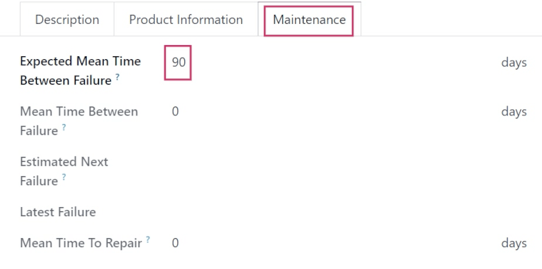 Maintenance tab on equipment form showing computed metrics fields.