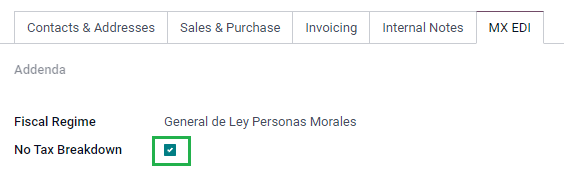 No Tax Breakdown option on the MX EDI tab of the customer's invoice.