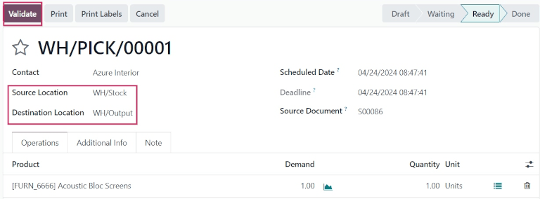 Picking operation form moving product to WH/Output.