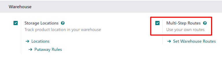 Activate multi-step routes and storage locations in inventory settings.