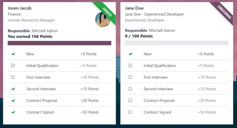 Two referral cards, one hired and one in-progress.