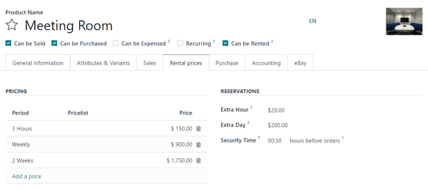 How the Settings page appears in the Odoo Rental application.