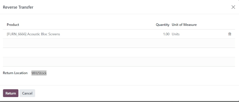 Reverse transfer pop-up window on delivery order form.