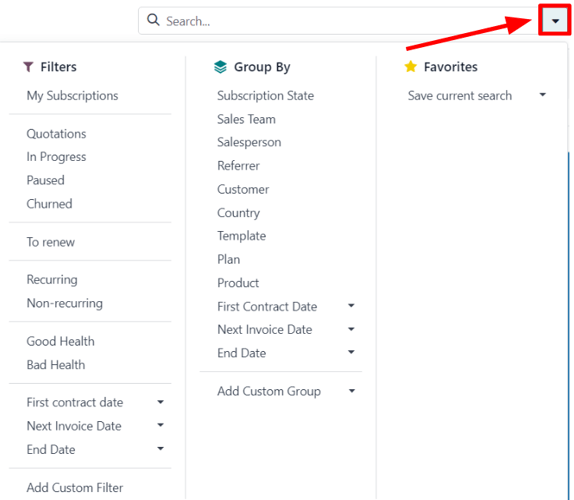 The reporting filter drop-down menu of options in the Odoo Subscriptions application.