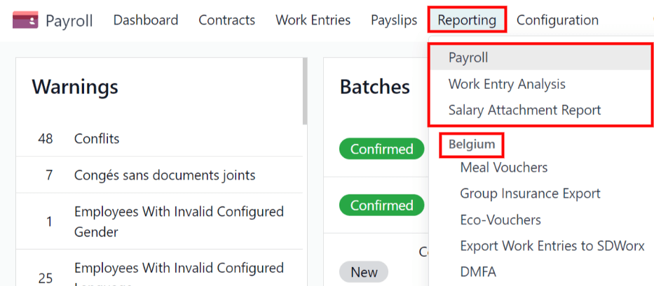 Report dashboard view showing extra reports for Belgium databases.