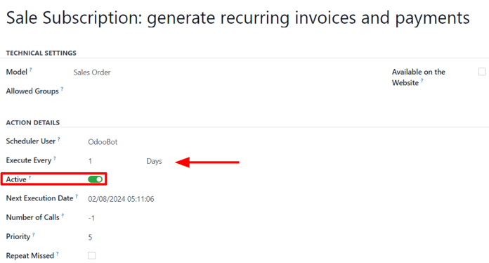 The scheduled action form in the Odoo Settings application.