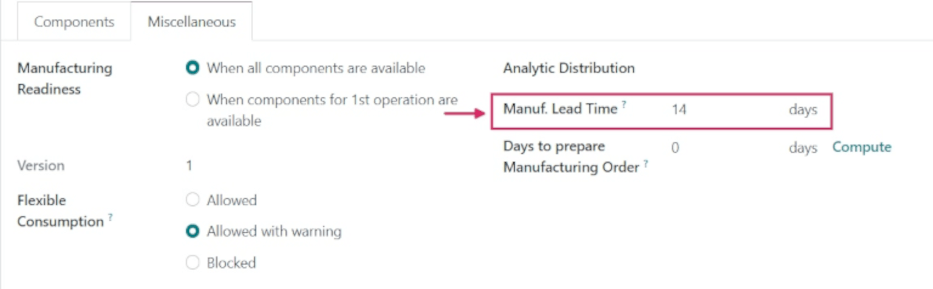 Manuf. Lead Time value specified on a product's Bill of Material form.