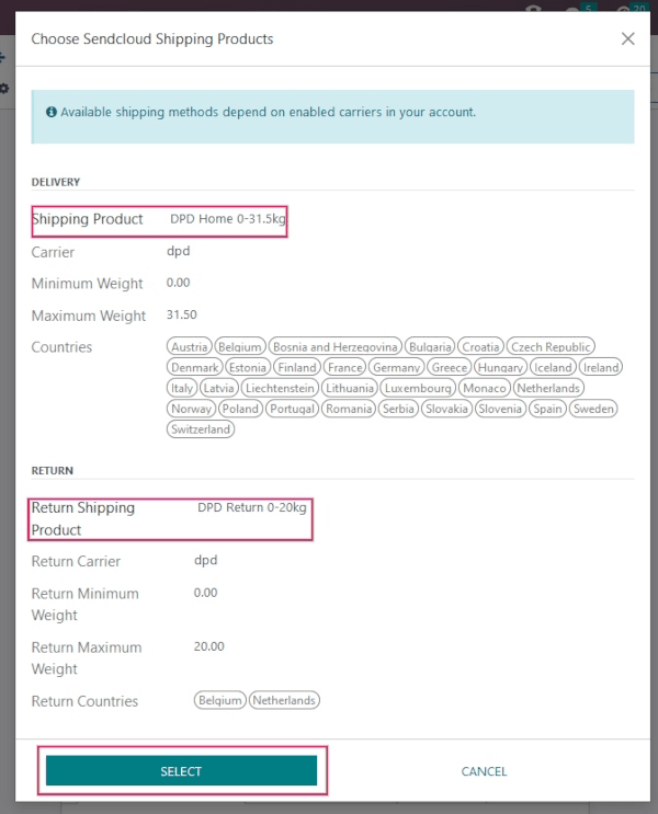 Example of shipping products configured in Odoo.