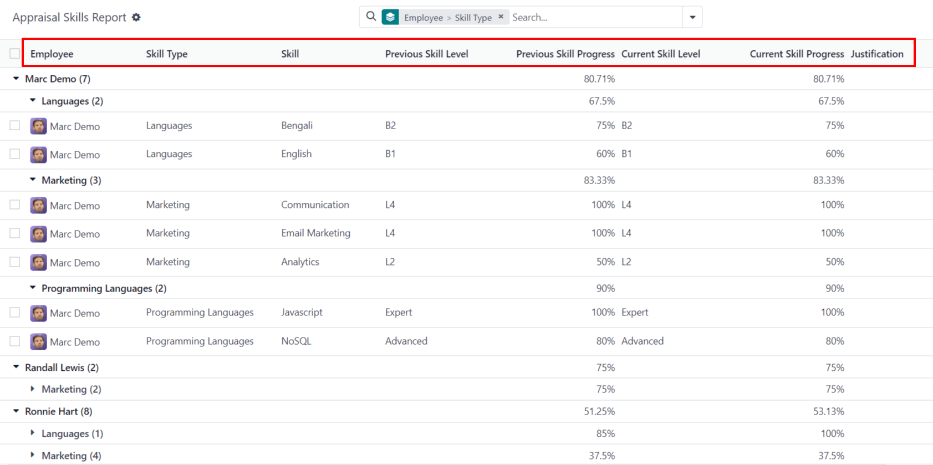 A report showing all the skills grouped by employee.