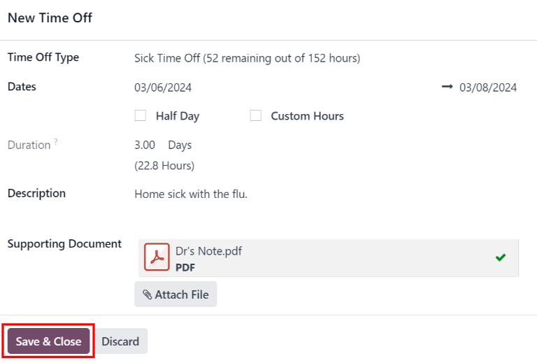 A time off request form filled out for an employee home sick for two days with the flu.