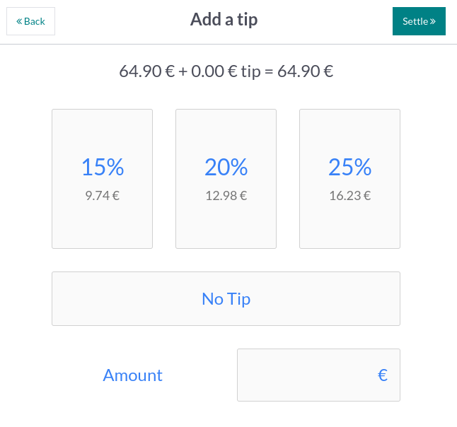 screen to select a tip amount to collect after payment