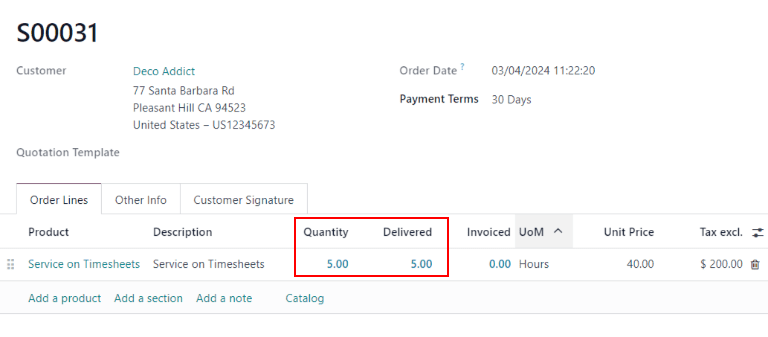 View of a sales order with emphasis on the delivered column.