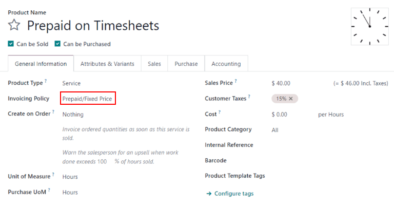 View of a service product with the invoicing policy set to 'prepaid/fixed'.