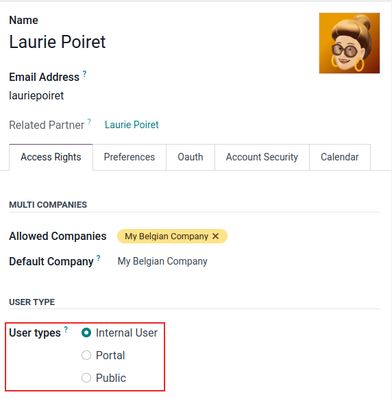 View of a user's form in developer mode emphasizing the user type field in Odoo.