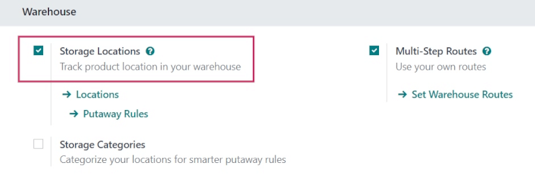 Storage Locations feature enabled in the Inventory app settings.