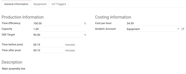 The general information tab of the work center form.