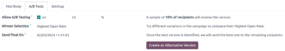 A/B testų skirtukas su pažymėta „Leisti A/B testavimą“ dėžute, kad būtų sukurta alternatyvi versija.