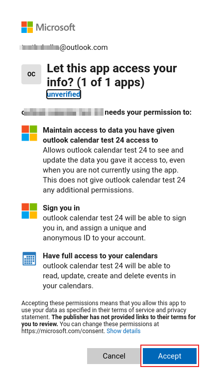 Autentifikavimo procesas Microsoft Outlook OAuth puslapyje.