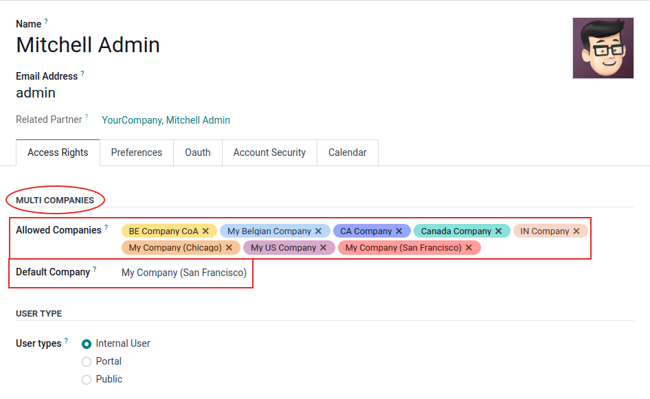 View of an user form emphasizing the multi companies field under the access rights tabs in Odoo.