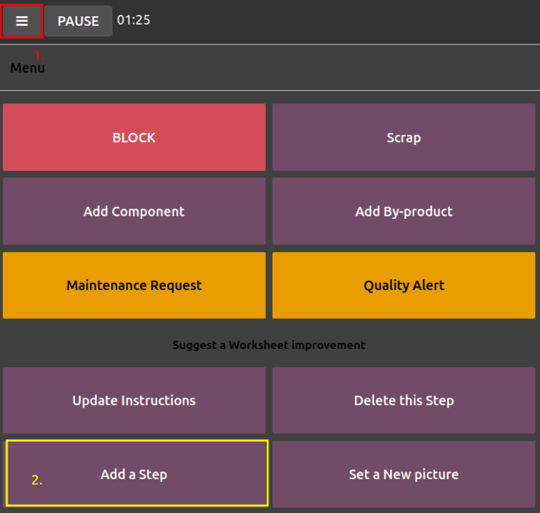 Atidarykite iškylantį langą *Pridėti žingsnį*, spustelėdami trijų horizontalių linijų piktogramą planšetės vaizde.