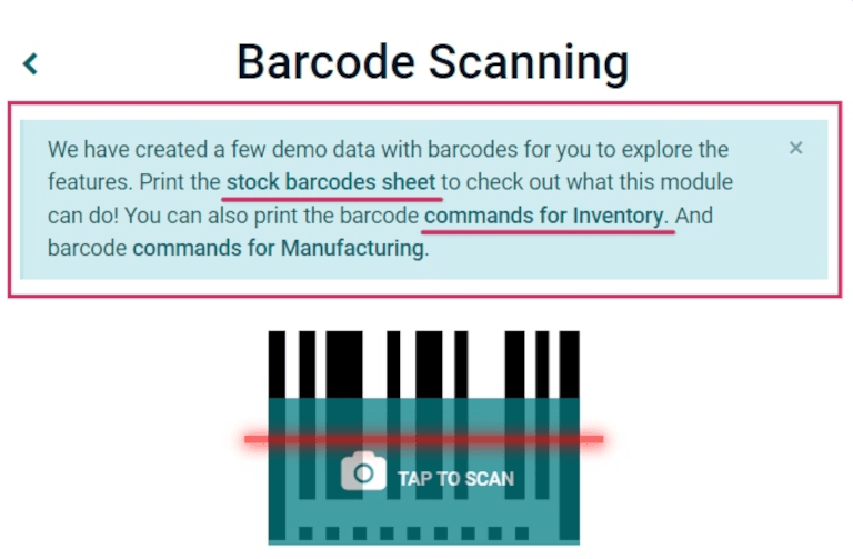 Demonstraciniai duomenys iššokantis pranešimas pagrindiniame Barcode programos ekrane.