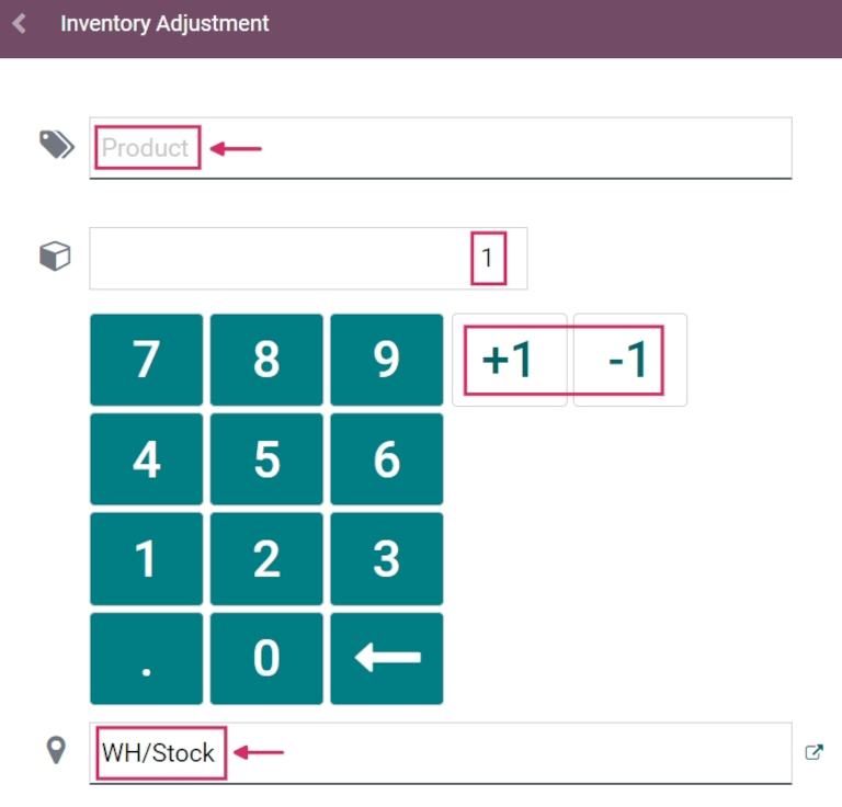 Klaviatūra produktams pridėti Barcode Inventory Client Action puslapyje.