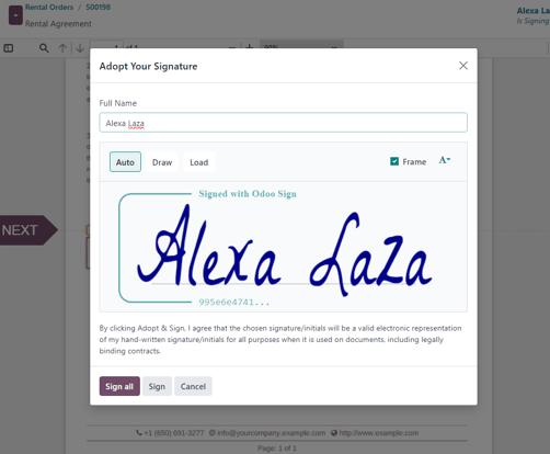 „Adoptuoti savo parašą“ iššokantis langas, kuris pasirodo Odoo Nuomos programoje.