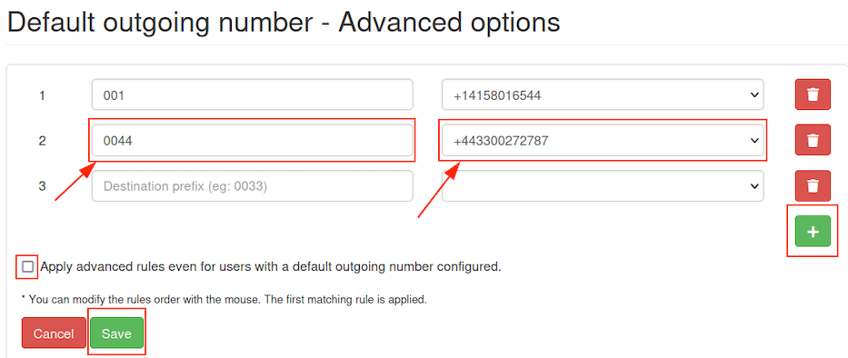 Pažangios numatytasis išeinančio numerio parinktys.