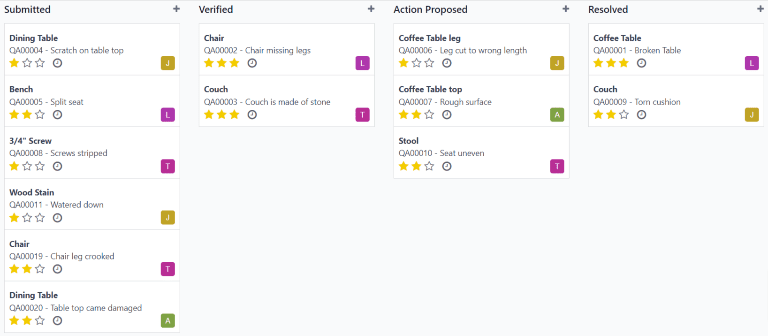 Kokybės įspėjimų puslapis, rodantis įspėjimus Kanban vaizdu.