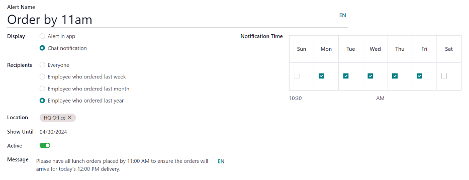 Įspėjimo forma su visa informacija, užpildyta pokalbio įspėjimui, išsiųstam 10:30 val., kuriame prašoma darbuotojų pateikti užsakymus iki 11:30 val.