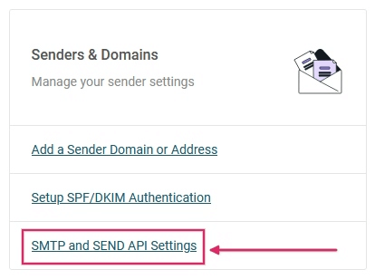 SMTP ir Send API Nustatymų nuoroda Senders & Domains skiltyje Mailjet.