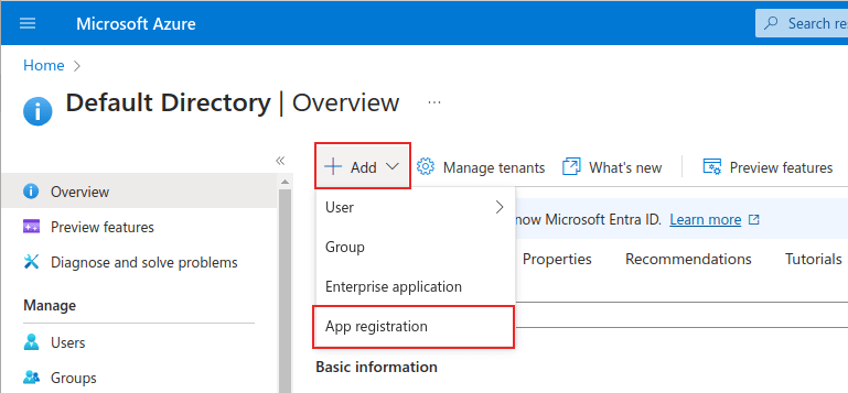 „Microsoft Azure“ valdymo puslapis su pažymėtais + Pridėti ir Programos registravimas meniu.