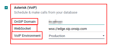 VoIP konfigūracijos nustatymai Odoo nustatymų programoje.