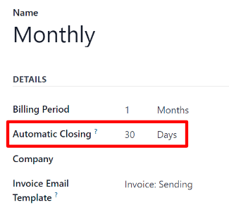 Automatinio uždarymo laukas pasikartojančio plano formoje Odoo prenumeratose.