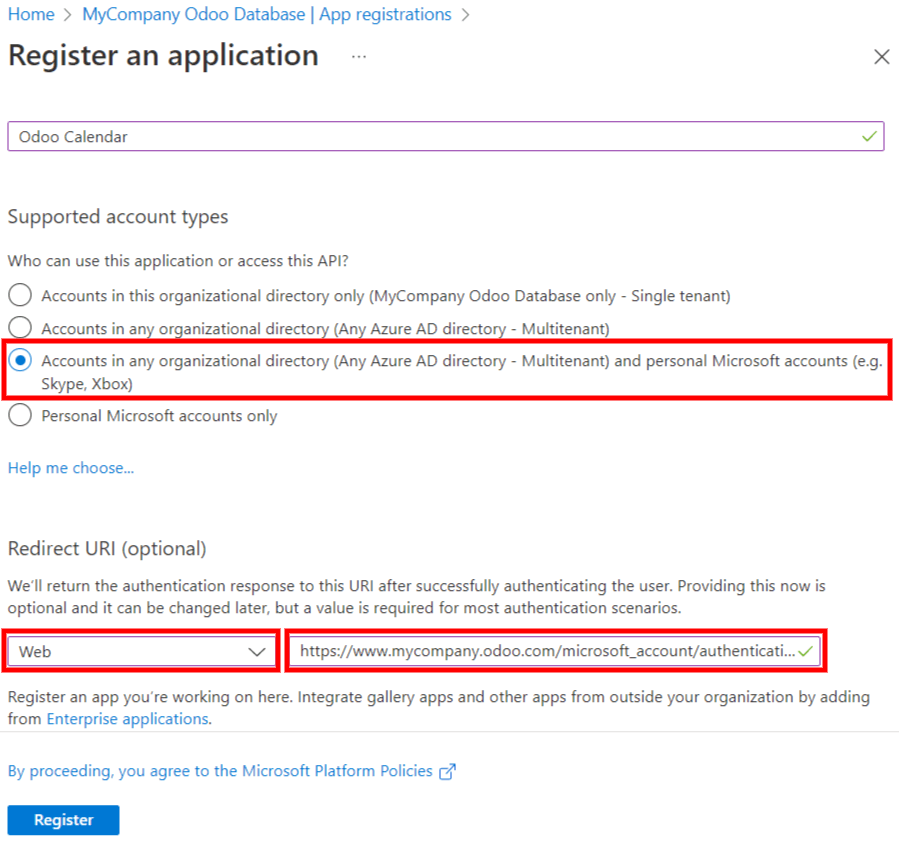 Anksto „Palaikomo paskyros tipo“ ir „Peradresavimo URI“ nustatymai Microsoft Entra ID portale.